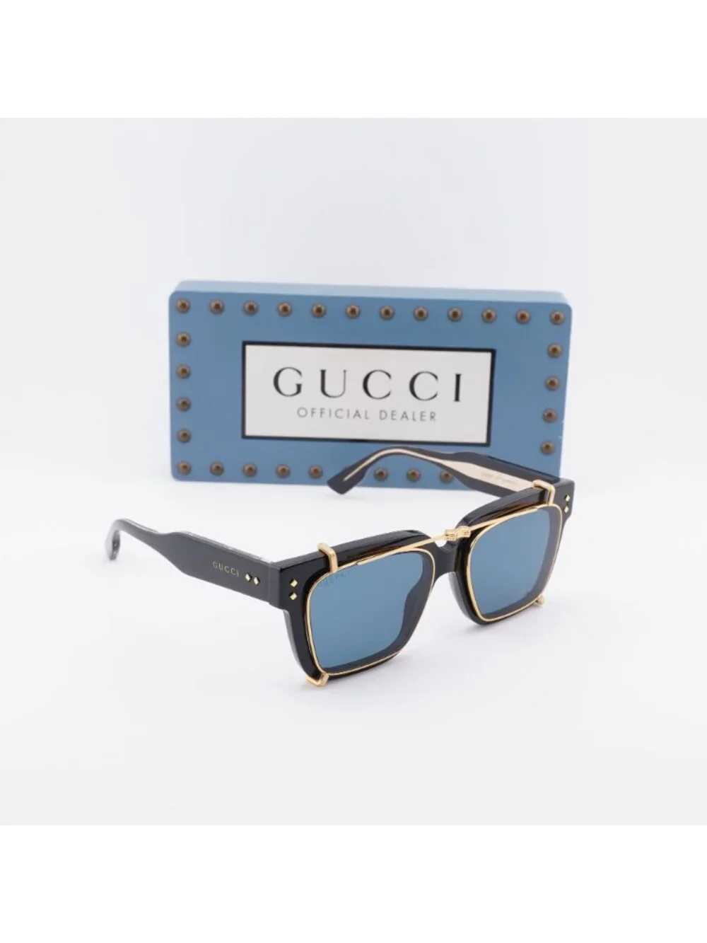 Gucci GG1084S 005 Square Sunglasses - Black / Gold / Light Blue Clip-On